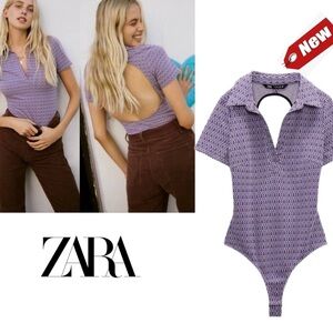 Zara Geometric Open-Back Collared V-Neck Bodysuit Lilac Purple Women's NWT